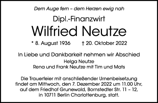 Traueranzeige von Wilfried Neutze von Tagesspiegel