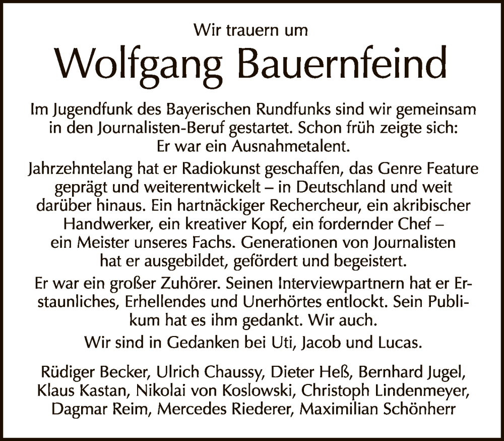  Traueranzeige für Wolfgang Bauernfeind vom 20.11.2022 aus Tagesspiegel