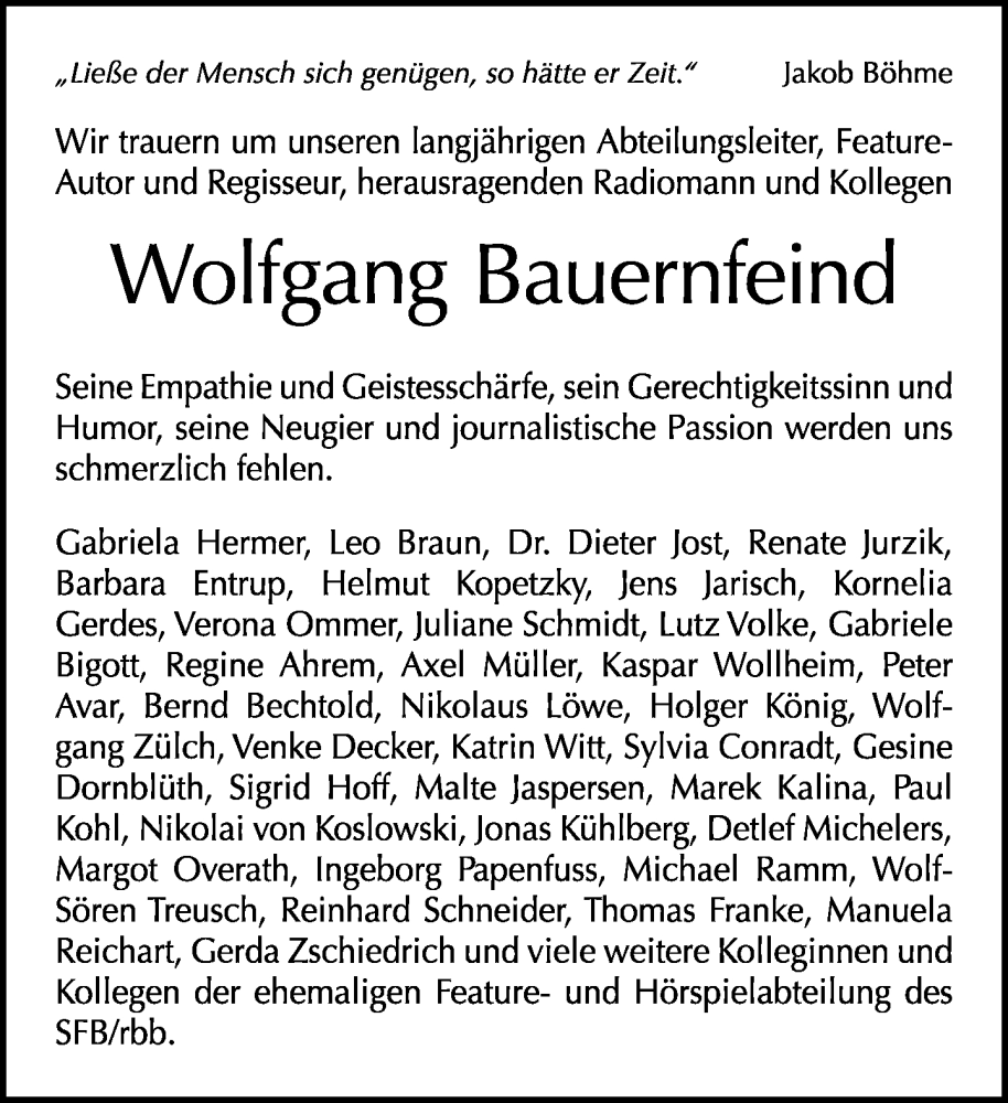  Traueranzeige für Wolfgang Bauernfeind vom 27.11.2022 aus Tagesspiegel