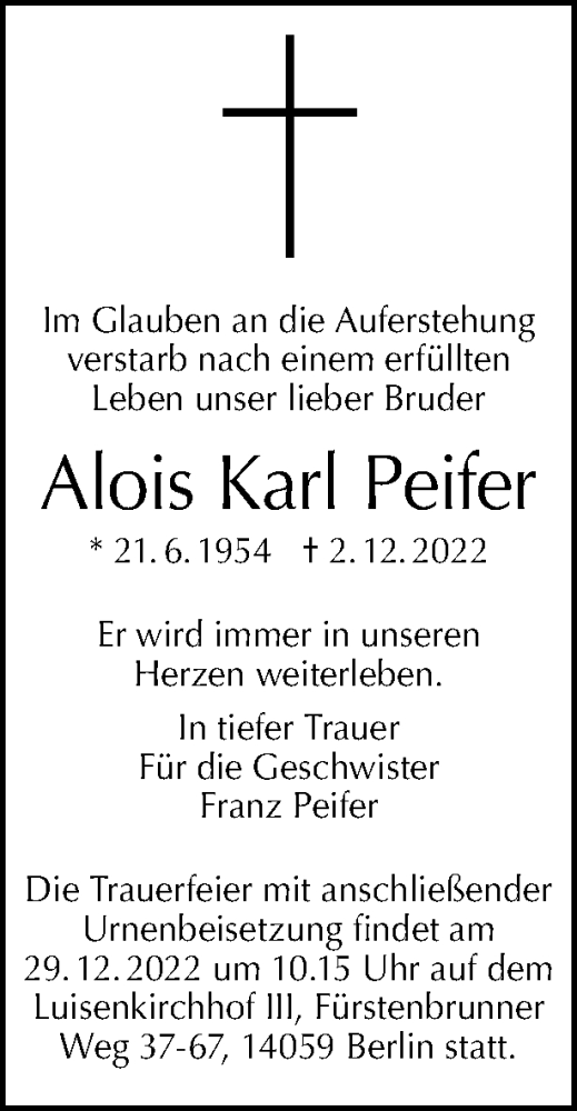 Traueranzeige von Alois Karl Peifer von Tagesspiegel