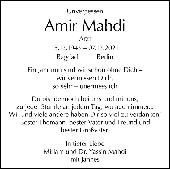 Traueranzeige von Amir Mahdi von Tagesspiegel