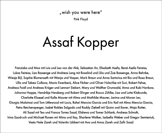 Traueranzeige von Assaf Kopper von Tagesspiegel