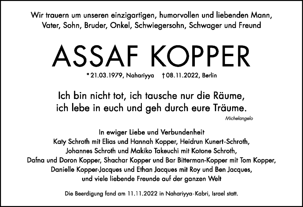  Traueranzeige für Assaf Kopper vom 04.12.2022 aus Tagesspiegel