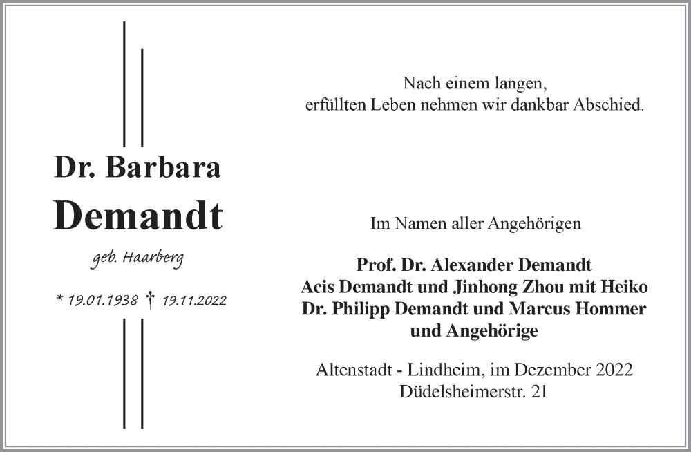  Traueranzeige für Barbara Demandt vom 11.12.2022 aus Tagesspiegel