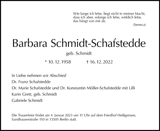 Traueranzeige von Barbara Schmidt-Schafstedde von Tagesspiegel