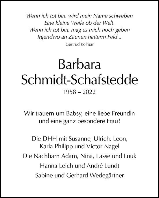 Traueranzeige von Barbara Schmidt-Schafstedde von Tagesspiegel