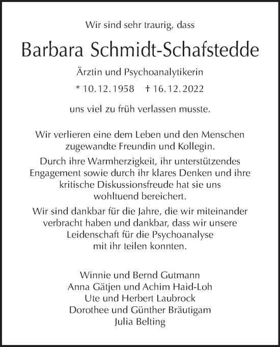 Traueranzeige von Barbara Schmidt-Schafstedde von Tagesspiegel