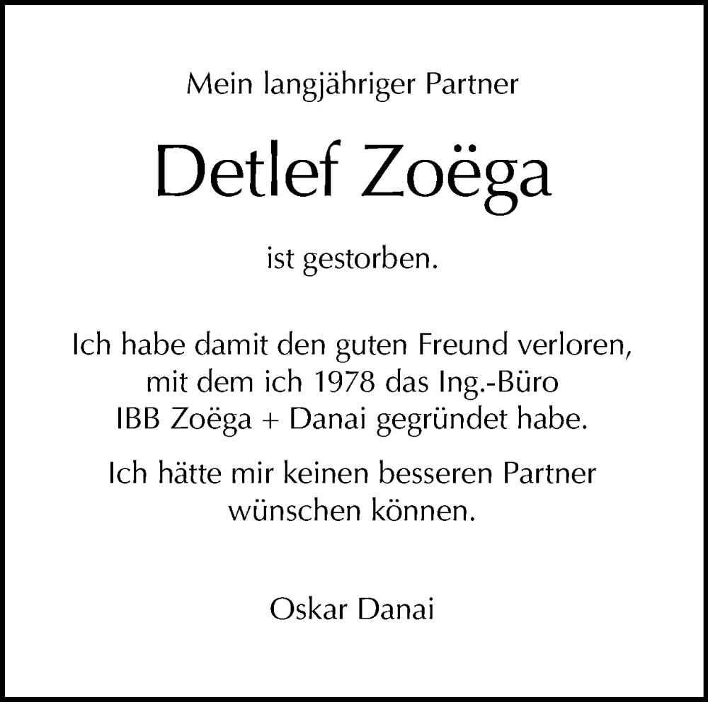 Traueranzeige für Detlef Zoega vom 04.12.2022 aus Tagesspiegel