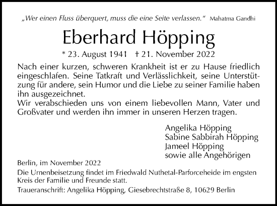 Traueranzeige von Eberhard Höpping von Tagesspiegel