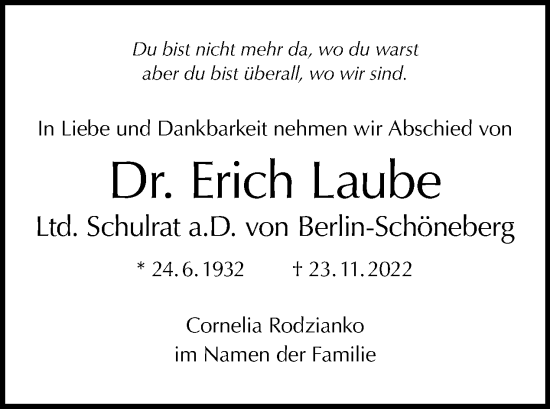 Traueranzeige von Erich Laube von Tagesspiegel