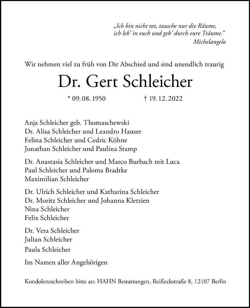  Traueranzeige für Gert Schleicher vom 24.12.2022 aus Tagesspiegel