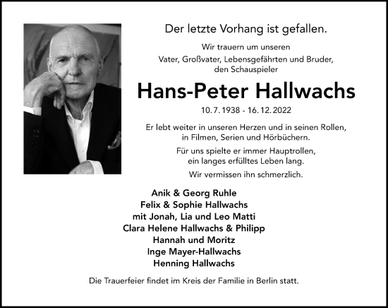 Traueranzeige von Hans-Peter Hallwachs von Tagesspiegel