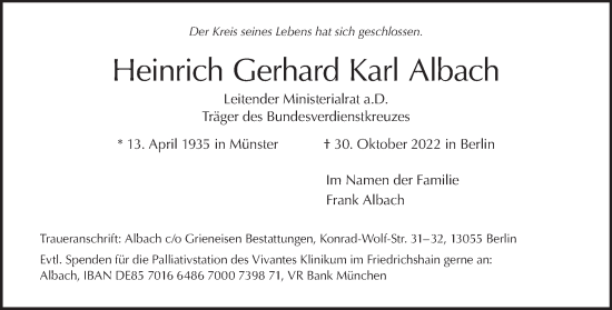 Traueranzeige von Heinrich Gerhard Karl Albach von Tagesspiegel