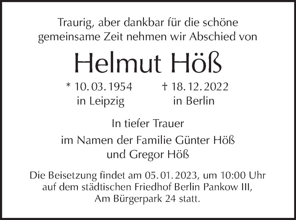  Traueranzeige für Helmut Höß vom 31.12.2022 aus Tagesspiegel