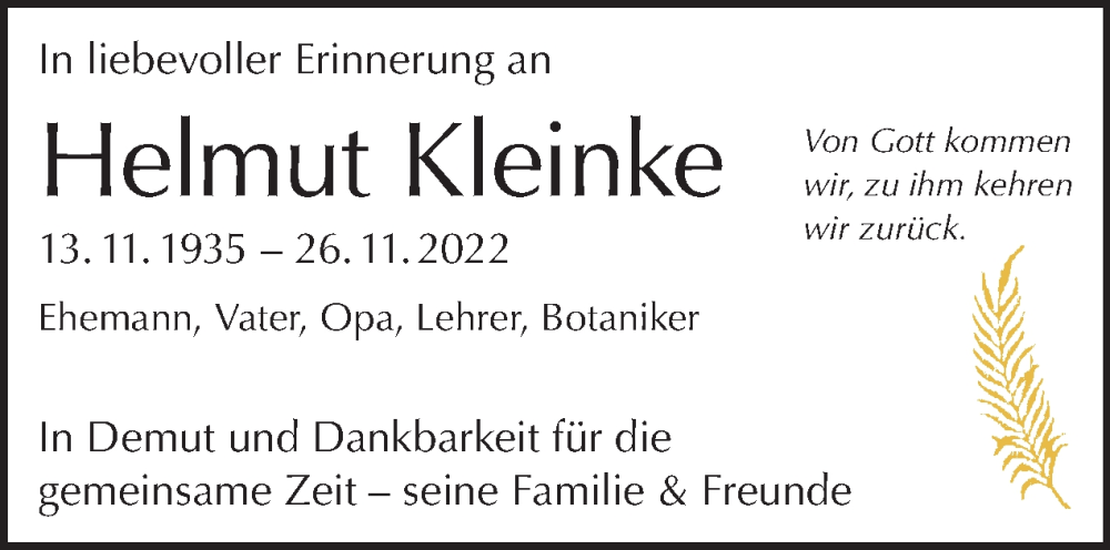  Traueranzeige für Helmut Kleinke vom 04.12.2022 aus Tagesspiegel
