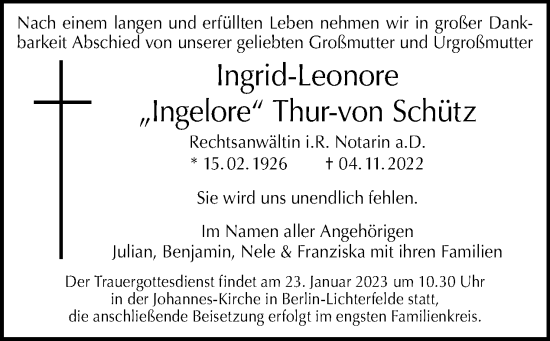 Traueranzeige von Ingrid-Leonore Thur-von Schütz von Tagesspiegel