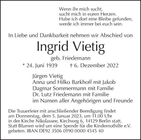 Traueranzeige von Ingrid Vietig von Tagesspiegel