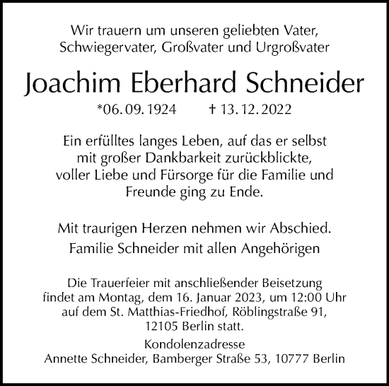 Traueranzeige von Joachim Eberhard Schneider von Tagesspiegel