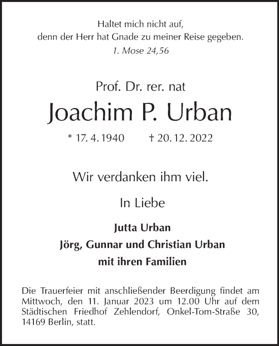 Traueranzeige von Joachim P. Urban von Tagesspiegel