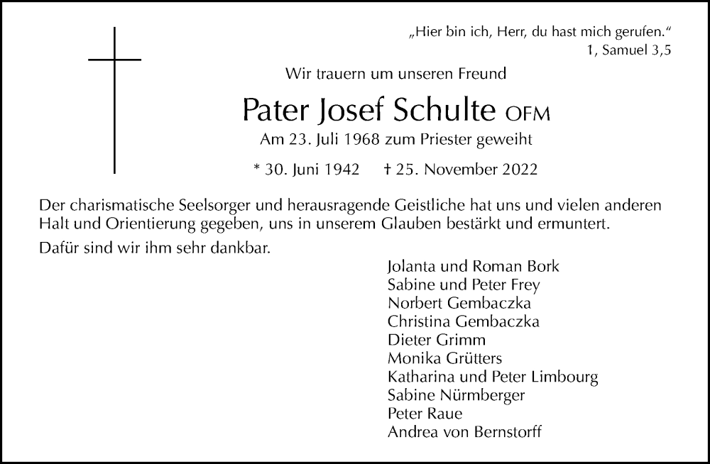  Traueranzeige für Josef Schulte vom 04.12.2022 aus Tagesspiegel