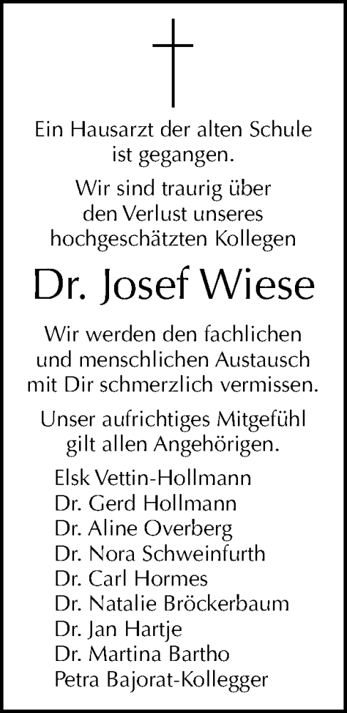  Traueranzeige für Josef Wiese vom 18.12.2022 aus Tagesspiegel