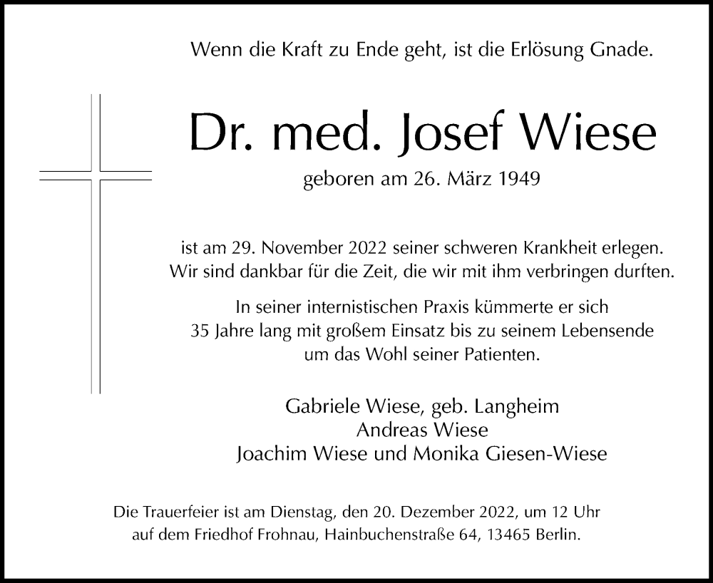  Traueranzeige für Josef Wiese vom 11.12.2022 aus Tagesspiegel
