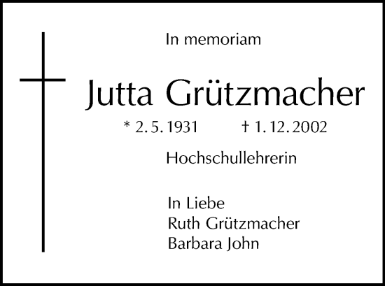 Traueranzeige von Jutta Grützmacher von Tagesspiegel
