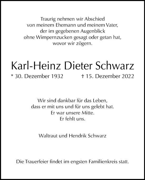 Traueranzeige von Karl-Heinz Dieter Schwarz von Tagesspiegel