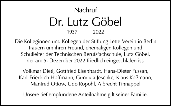 Traueranzeige von Lutz Göbel von Tagesspiegel