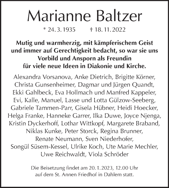 Traueranzeige von Marianne Baltzer von Tagesspiegel