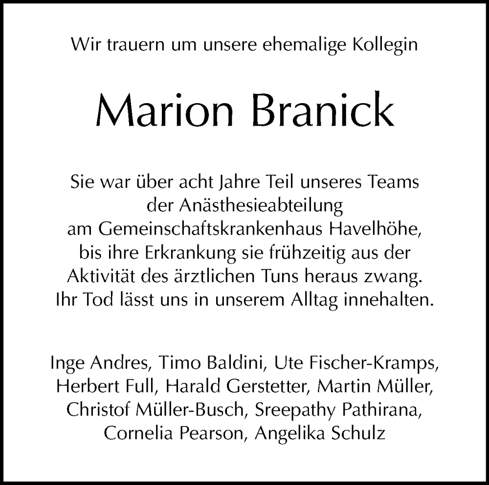  Traueranzeige für Marion Branick vom 11.12.2022 aus Tagesspiegel