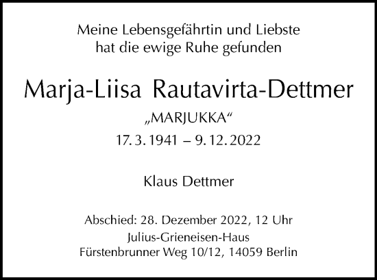 Traueranzeige von Marja-Liisa Rautavirta-Dettmer von Tagesspiegel