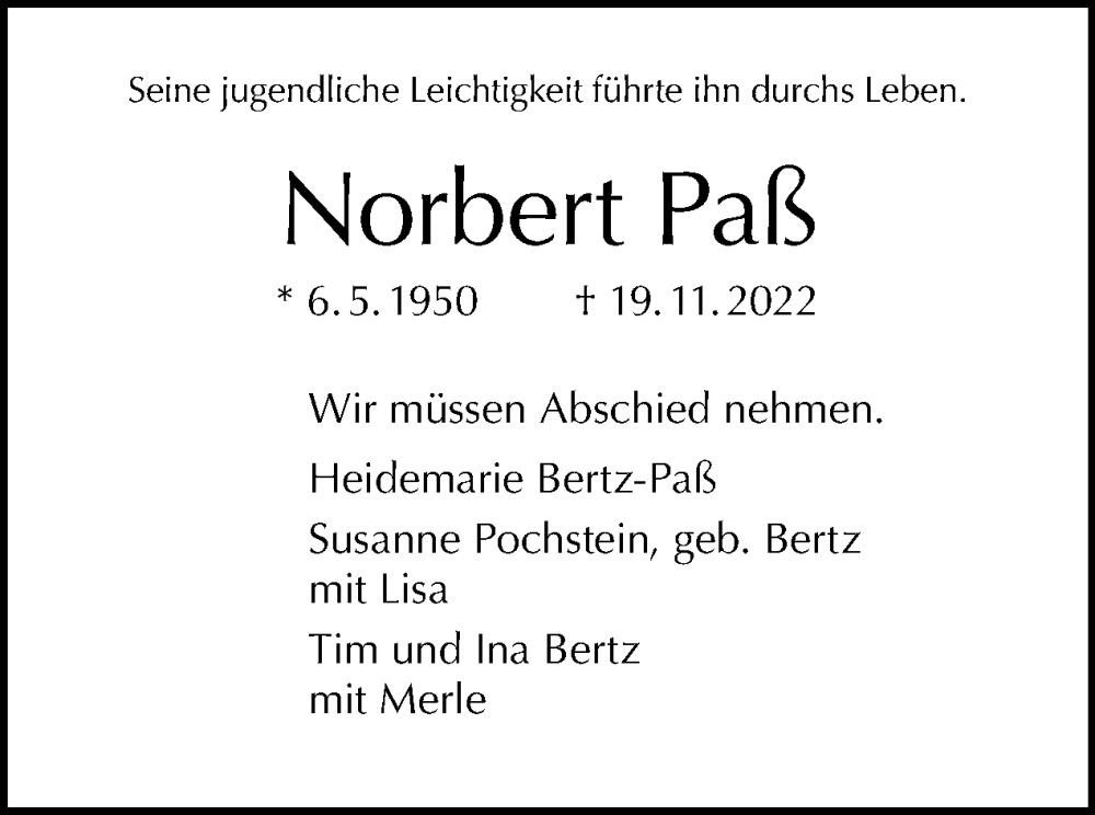  Traueranzeige für Norbert Paß vom 04.12.2022 aus Tagesspiegel
