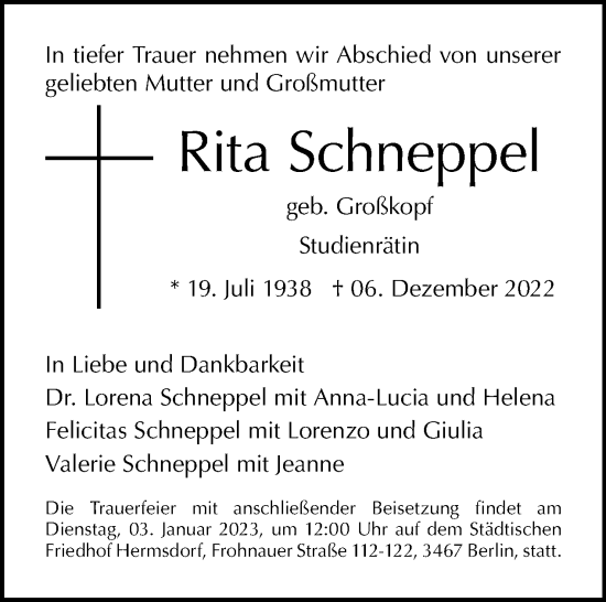 Traueranzeige von Rita Schneppel von Tagesspiegel