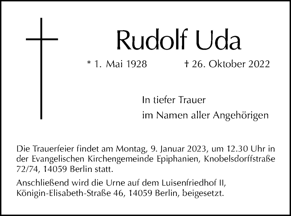  Traueranzeige für Rudolf Uda vom 04.12.2022 aus Tagesspiegel