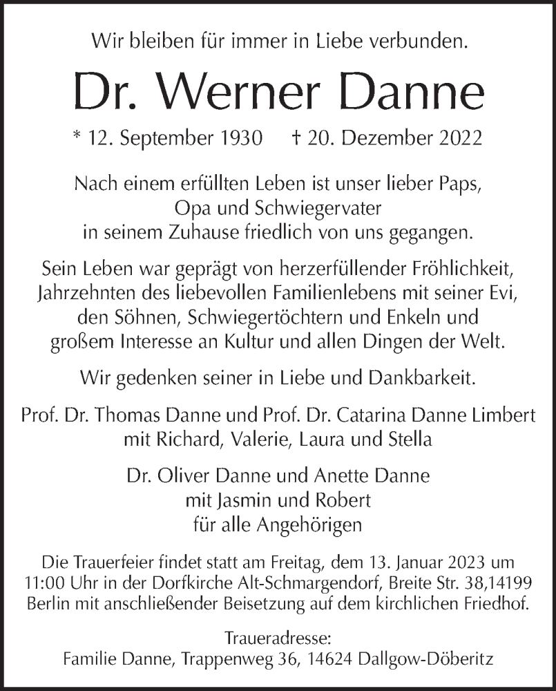  Traueranzeige für Werner Danne vom 31.12.2022 aus Tagesspiegel
