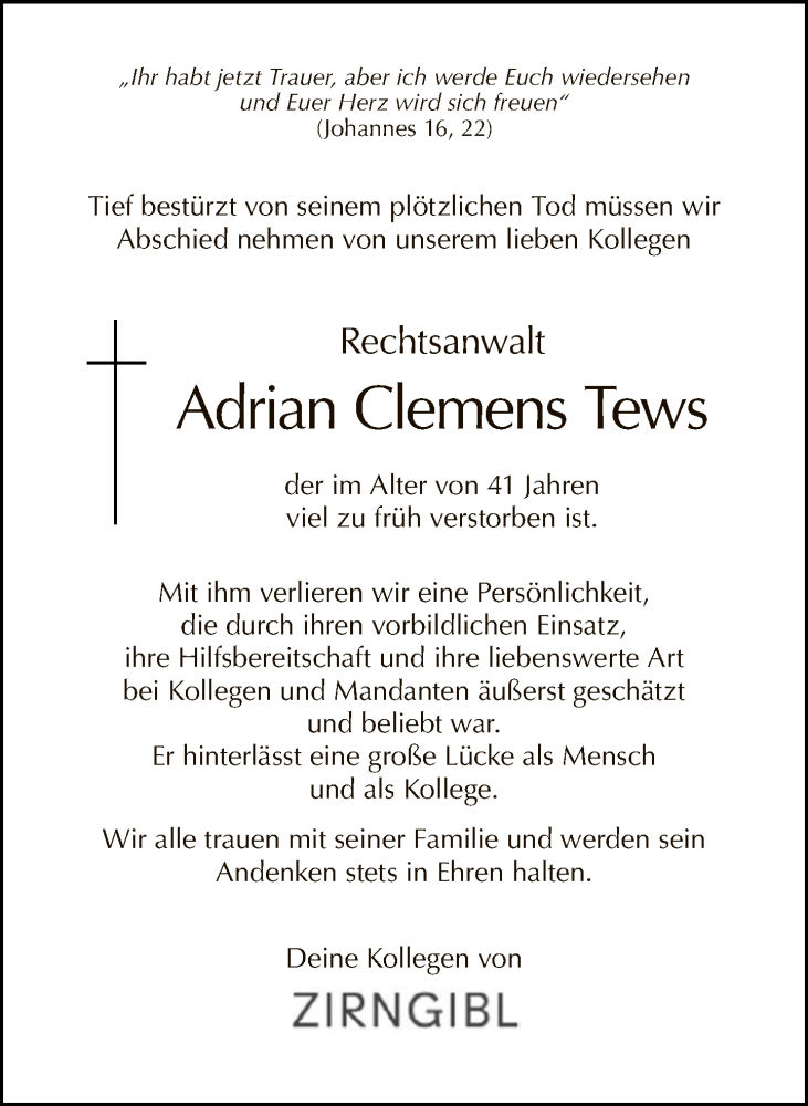 Traueranzeige für Adrian Clemens Tews vom 13.02.2022 aus Tagesspiegel