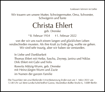 Traueranzeige von Christa Ehlert von Tagesspiegel