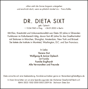 Traueranzeige von Dieta Sixt von Tagesspiegel