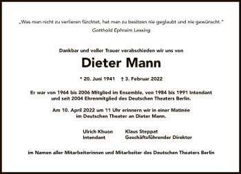 Traueranzeige von Dieter Mann von Tagesspiegel