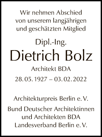 Traueranzeige von Dietrich Bolz von Tagesspiegel