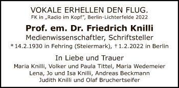 Traueranzeige von Friedrich Knilli von Tagesspiegel