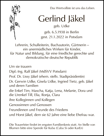 Traueranzeige von Gerlind  Jäkel von Tagesspiegel