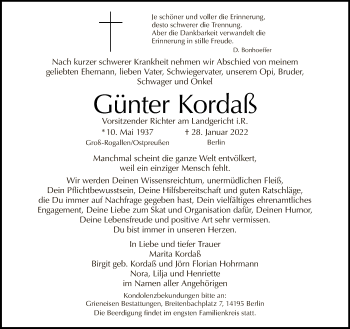 Traueranzeige von Günter Kordaß von Tagesspiegel