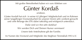 Traueranzeige von Günter Kordaß von Tagesspiegel