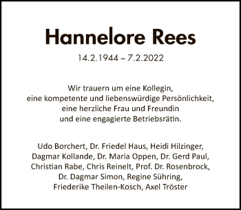 Traueranzeige von Hannelore Rees von Tagesspiegel