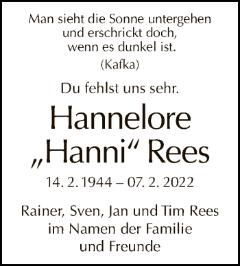 Traueranzeige von Hannelore Rees von Tagesspiegel