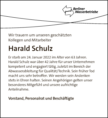 Traueranzeige von Harald Schulz von Tagesspiegel