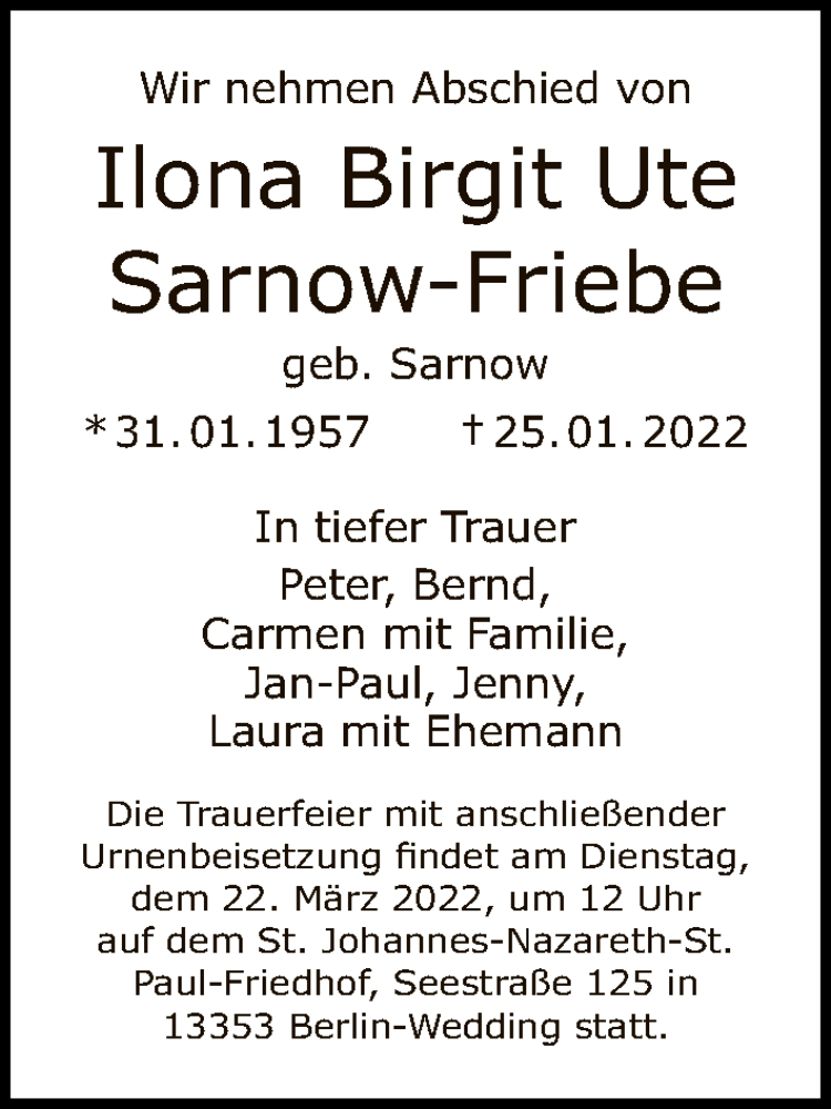  Traueranzeige für Ilona Birgit Ute Sarnow-Friebe vom 20.02.2022 aus Tagesspiegel