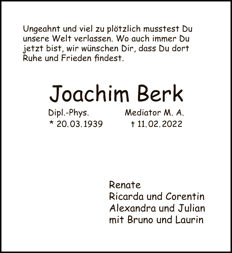  Traueranzeige für Joachim Berk vom 27.02.2022 aus Tagesspiegel
